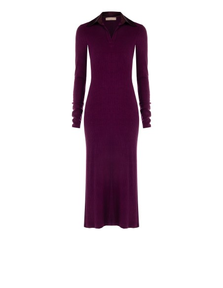 Vestido longo justo em malha canelada com decote em V e colarinho em cetim Rinascimento