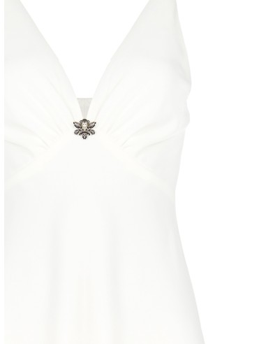 Top acinturado em cetim decotado com copas e broche joia Rinascimento