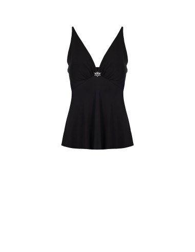 Top acinturado em cetim decotado com copas e broche com jóia Rinascimento