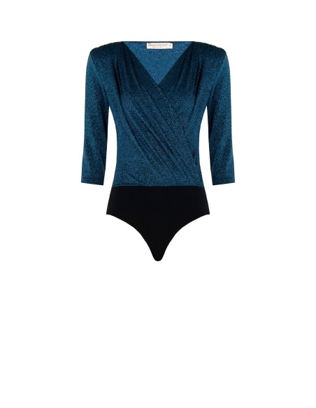 Body em lurex com decote cruzado drapeado e alças Rinascimento
