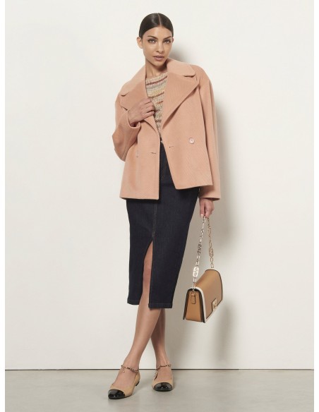 Saia midi tubinho em ganga elástica com fenda frontal Rinascimento