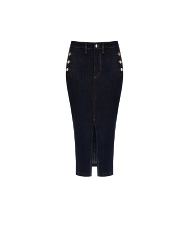 Saia midi tubinho em denim elástico com fenda frontal Rinascimento