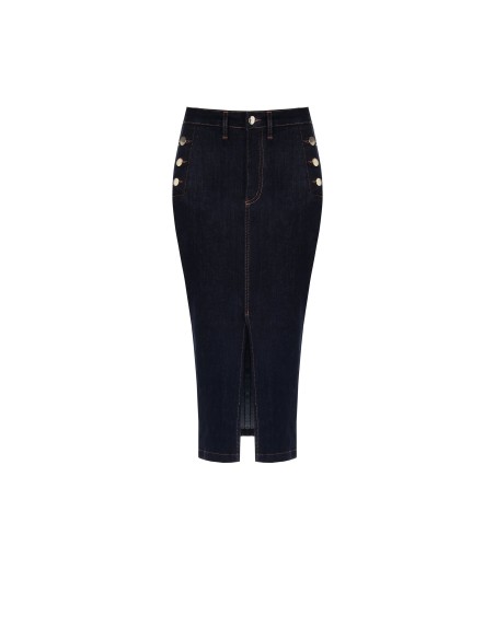 Saia midi tubinho em denim elástico com fenda frontal Rinascimento