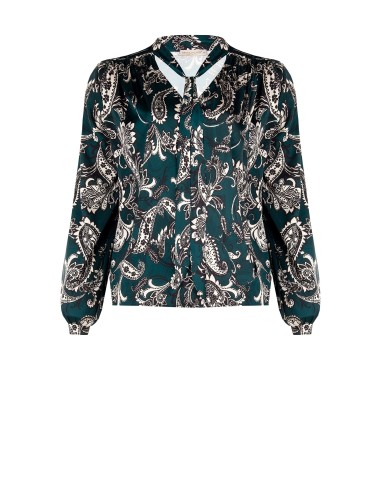 Blusa Curvy ampla e fluida em cetim estampado paisley com gravatinha Rinascimento Curvy