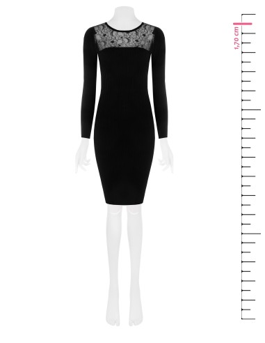 Vestido Midi Tubinho em Malha Canelada com Inserto em Renda Rinascimento