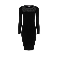 Vestido Midi Tubinho em Malha Canelada com Inserto em Renda Rinascimento