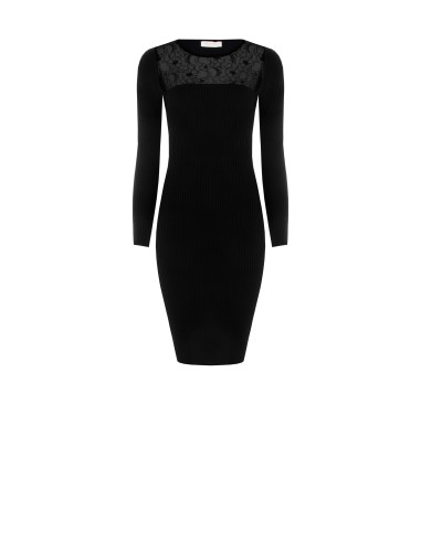 Vestido Midi Tubinho em Malha Canelada com Inserto em Renda Rinascimento