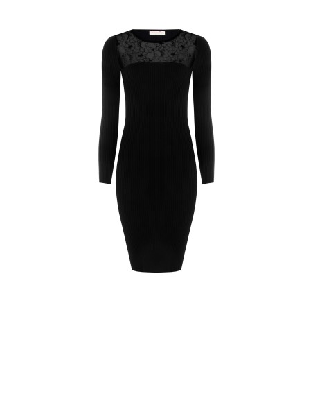 Vestido Midi Tubinho em Malha Canelada com Inserto em Renda Rinascimento