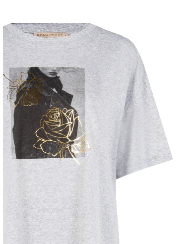 T-shirt oversize em mistura de algodão com estampado de flores laminadas Rinascimento