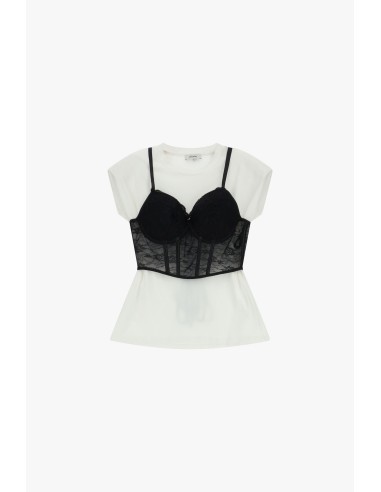 T-Shirt de Manga Curta com Corpete em Renda e Laços Dixie