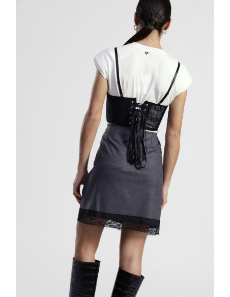 T-shirt de manga curta com corpete em renda e laços Dixie