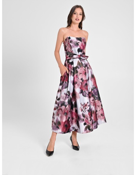 Vestido midi rodado em cetim com bolsos Rinascimento