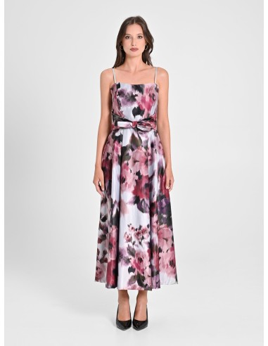 Vestido midi com saia rodada em cetim e bolsos Rinascimento