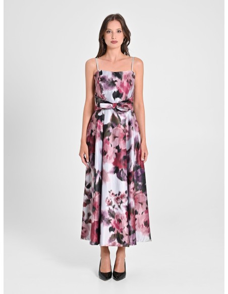 Vestido midi com saia rodada em cetim e bolsos Rinascimento