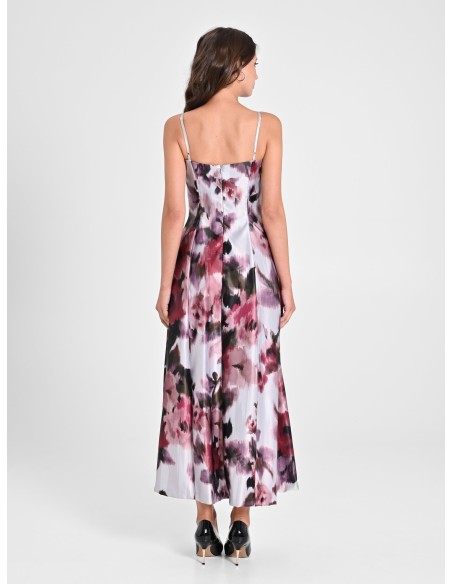 Vestido midi em cetim com saia rodada e bolsos Rinascimento