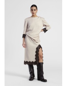 Saia midi com inserto de renda e fenda Dixie