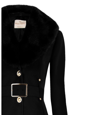 Casaco Longo Cintado Em Veludo Com Gola Em Pêlo Sintético Removível E Cinto Em Pele Sintética Rinascimento