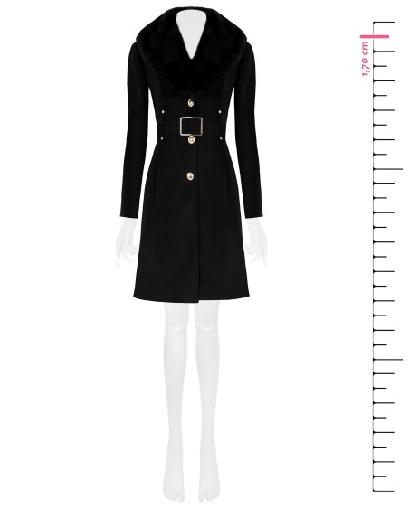 Casaco longo acinturado em veludo com gola em pêlo sintético removível e cinto em pele sintética Rinascimento