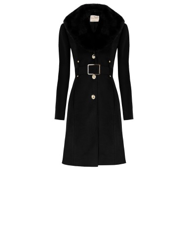 Casaco Longo Cinturado em Velour com Gola em Pêlo Sintético Removível e Cinto em Pele Sintética Rinascimento