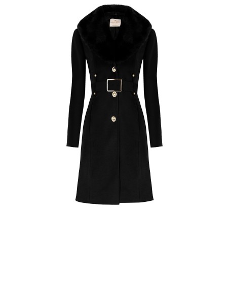 Casaco Longo Cinturado em Velour com Gola em Pêlo Sintético Removível e Cinto em Pele Sintética Rinascimento