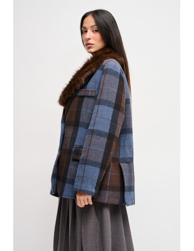 Casaco xadrez oversize com gola em pelo sintético Maryley