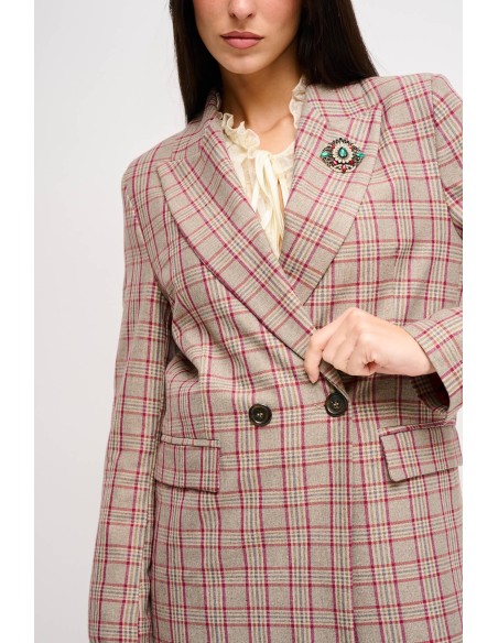Blazer xadrez de duplo peito com broche Maryley