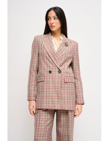 Blazer xadrez de abotoamento duplo com broche Maryley