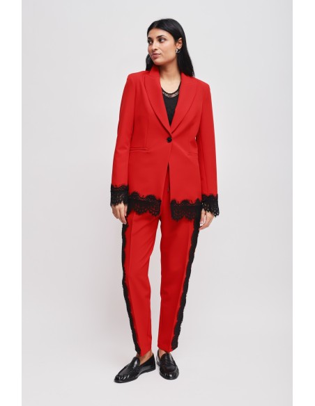Conjunto blazer monopetto e calças cigarette com renda Maryley