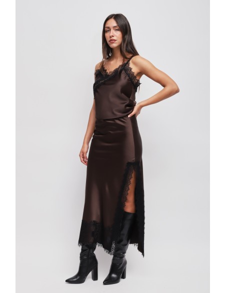 Saia longa em cetim com renda Maryley