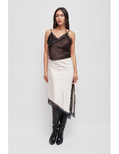 Saia em cetim com bainha assimétrica e renda Maryley