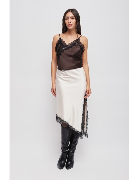 Saia em cetim com bainha assimétrica e renda Maryley