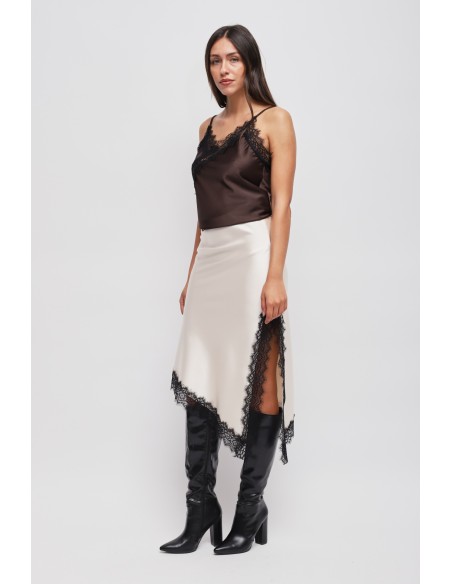 Saia em cetim com bainha assimétrica e renda Maryley