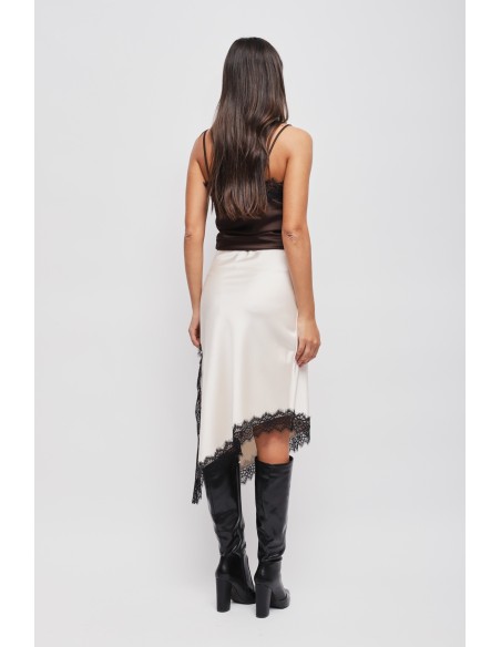 Saia em cetim com bainha assimétrica e renda Maryley