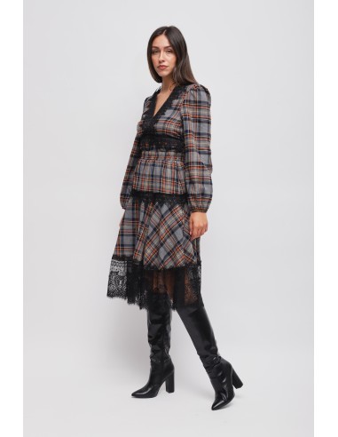 Saia xadrez com folhos e renda Maryley