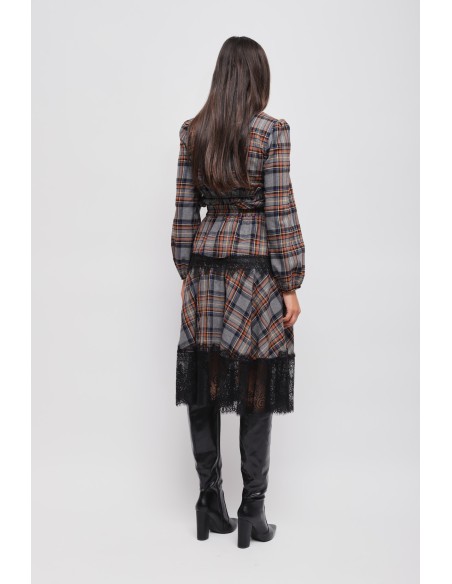 Saia xadrez com folhos e renda Maryley