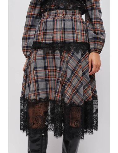 Saia xadrez com folhos e renda Maryley