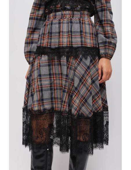 Saia xadrez com folhos e renda Maryley