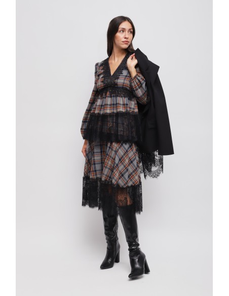 Saia xadrez com folhos e renda Maryley