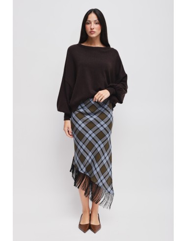 Saia xadrez com franjas e fenda Maryley