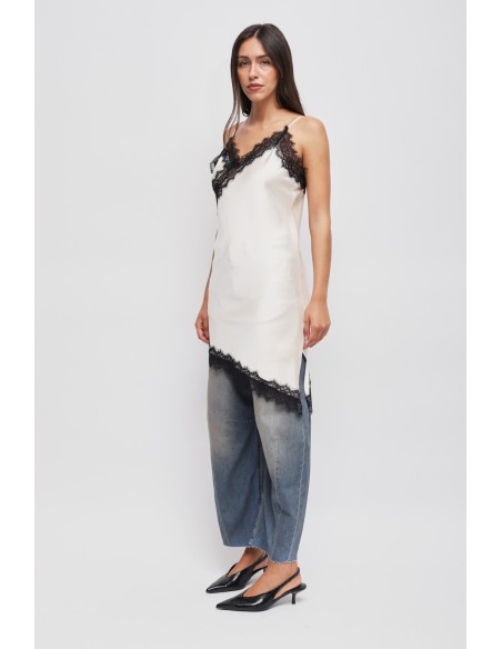 Vestido Satinado Assimétrico Com Renda Maryley