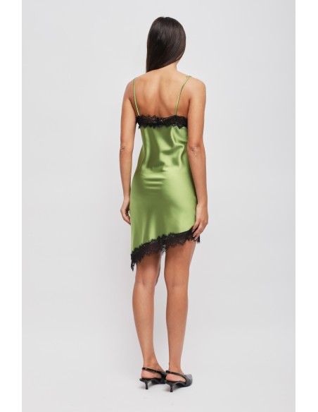 Vestido assimétrico em cetim com renda Maryley