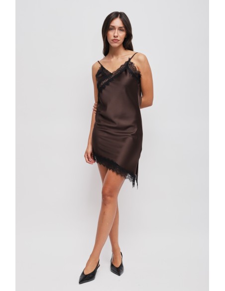 Vestido Acetinado Assimétrico com Renda Maryley