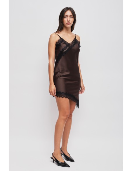 Vestido Acetinado Assimétrico Com Renda Maryley