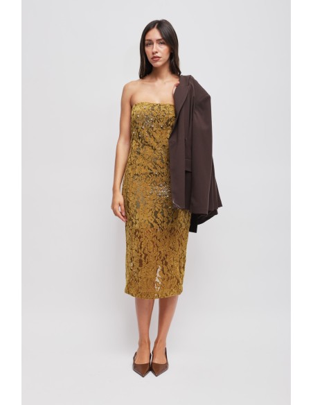 Vestido em renda sem alças com strass Maryley