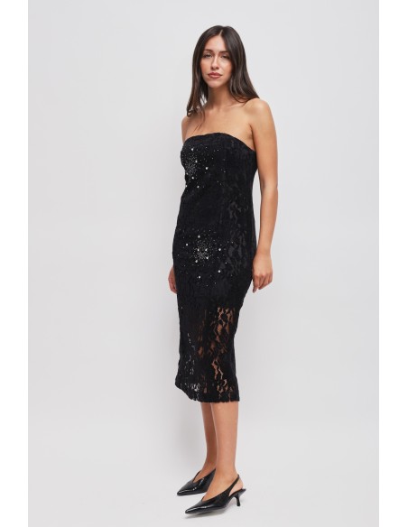 Vestido em Renda Sem Alças com Strass Maryley
