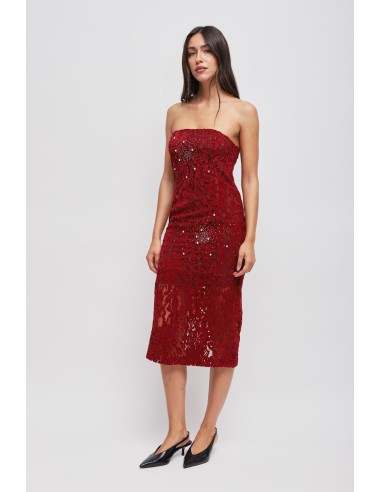 Vestido de renda sem alças com strass Maryley