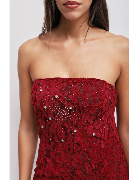 Vestido de renda sem alças com strass Maryley