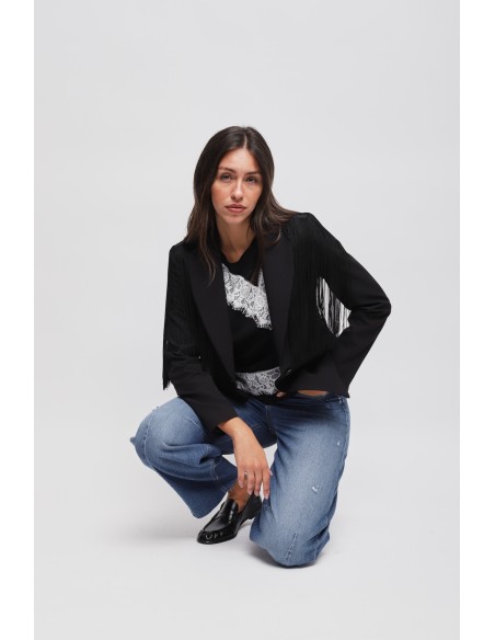 Casaco de um só peito com franjas Maryley