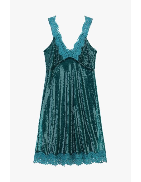 Vestido Curto com Lantejoulas e Bordas em Renda Dixie