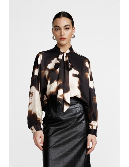 Blusa com estampa abstrata, com laço e mangas compridas Dixie